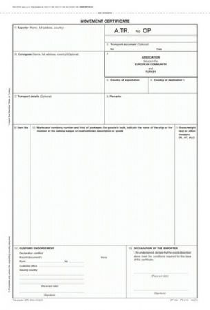 Průvodní osvědčení ATR A4, 1 + 2 listy, číslované OPTYS 1394