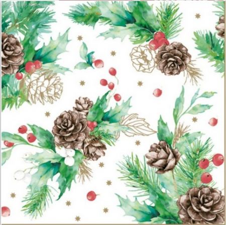 Ubrousky Maki vánoční  Cones and Hollyberry on White