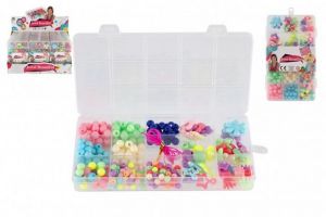 Korálky plastové barevné se šňůrkou v plastové krabičce 10x17x2cm