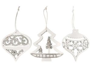 Ozdoby dřevěné bílé s glitrem 9ks/7,5cm mix