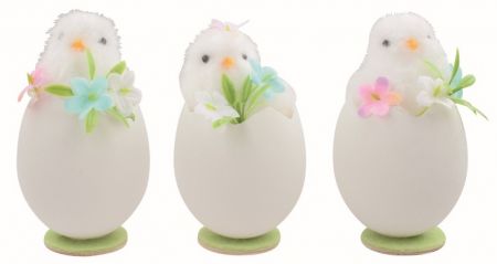 Kuře bílé ve skořápce s dekoracemi 6 x 11 x 6 cm na postavení