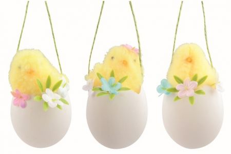 Kuře žluté ve skořápce s dekoracemi 6 x 11 x 6 cm na zavěšení