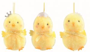 Kuře s dekorací na hlavě žluté 6,5 x 9 x 6 cm na zavěšení