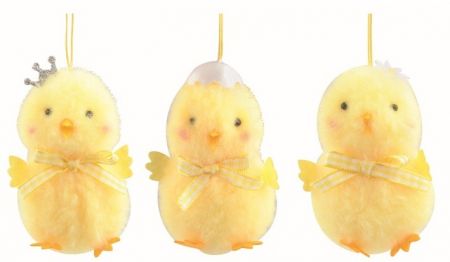 Kuře s dekorací na hlavě žluté 6,5 x 9 x 6 cm na zavěšení 