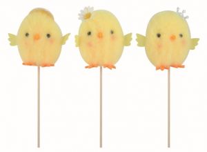 Kuřátko s dekorací na hlavě žluté 7,5 x 6,5 x 4 cm + špejle