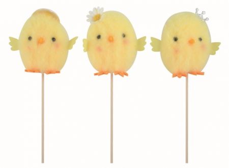 Kuřátko s dekorací na hlavě žluté 7,5 x 6,5 x 4 cm + špejle