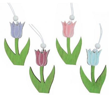 Květina dřevěná 3,5 x 6 x 0,5 cm na zavěšení, 8 ks v krabičce