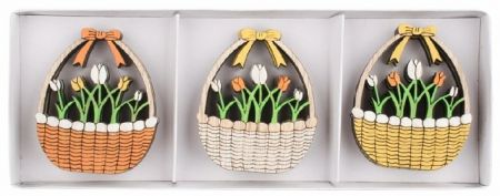 Košík s tulipány dřevěný 4,5 x 5,5 x 0,5 cm s lepíkem, 6 ks v krabičce