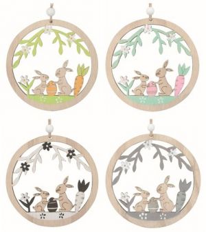 Velikonoční dekorace Zajíc v kruhu ze dřeva 10 x 10 x 0,5 cm na zavěšení
