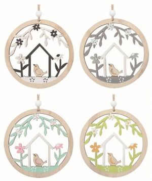 Jarní dekorace Pták v kruhu ze dřeva10 x 10 x 0,5 cm na zavěšení