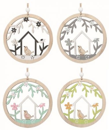 Jarní dekorace Pták v kruhu ze dřeva10 x 10 x 0,5 cm na zavěšení