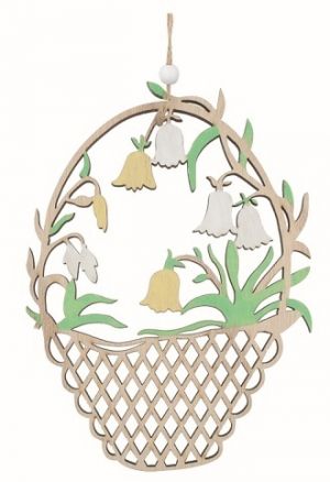 Vyřezávaný košík se žlutými květy dřevěný 11 x 15 x 0,5 cm na zavěšení