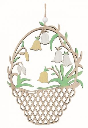 Vyřezávaný košík se žlutými květy dřevěný 11 x 15 x 0,5 cm na zavěšení