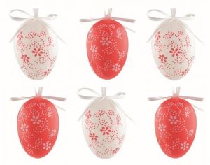 Velikonoční vejce plastová Květiny červené a bílé 4 cm na zavěšení, 6 ks v sáčku