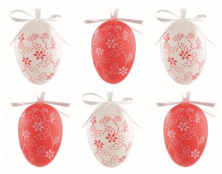 Velikonoční vejce plastová Květiny červené a bílé 4 cm na zavěšení, 6 ks v sáčku