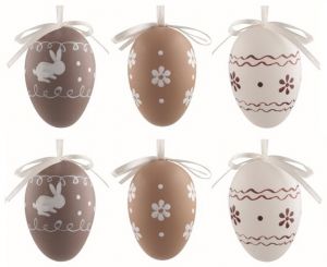 Velikonoční vejce plastová Hnědý dekor 6 cm na zavěšení, 6 ks v sáčku