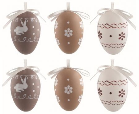 Velikonoční vejce plastová Hnědý dekor 6 cm na zavěšení, 6 ks v sáčku