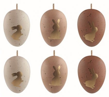 Velikonoční vejce plastová Zlatí zajíčci na hnědém 6 cm na zavěšení, 6 ks v sáčku