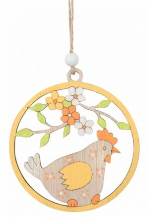 Dekorace dřevěná Slepice ve žlutém kruhu 9 x 9 x 0,5 cm na zavěšení