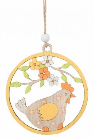 Dekorace dřevěná Slepice ve žlutém kruhu 9 x 9 x 0,5 cm na zavěšení