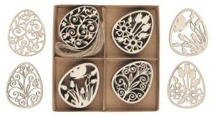 Vajíčka vyřezávaná dřevěná 4 x 5,5 x 0,2 cm, 16 ks v krabičce