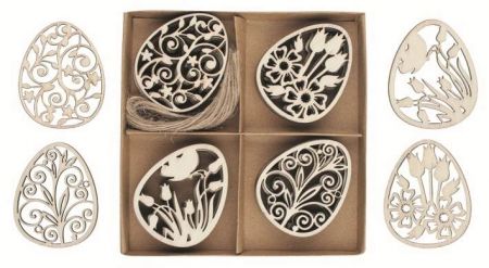 Vajíčka vyřezávaná dřevěná 4 x 5,5 x 0,2 cm, 16 ks v krabičce