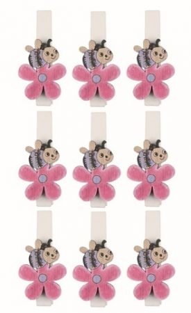 Včelka na kytce fialová dřevěná 2 x 2,5 x 0,3 cm na kolíčku, 9 ks v sáčku