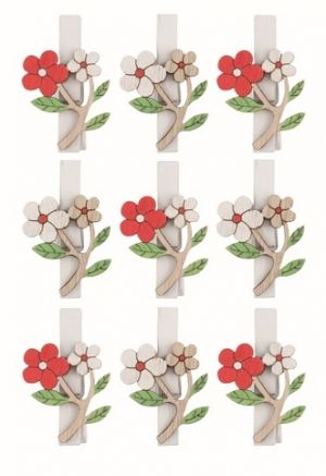 Kytky dřevěné 3 x 3 x 0,3 cm na kolíčku, 9 ks v sáčku