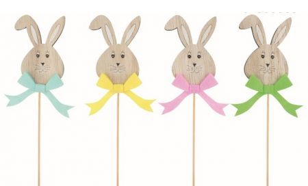 Zajíc dřevěný s mašlí 6 x 9 x 0,5 cm + špejle