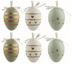 Velikonoční vejce plastová Zlatá srdíčka 6 cm na zavěšení, 6 ks v sáčku