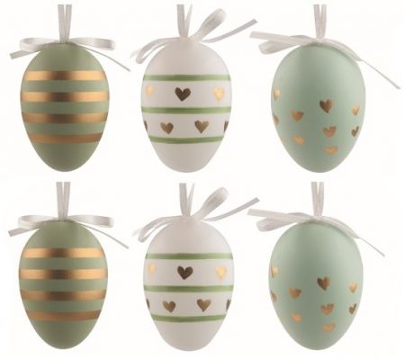 Velikonoční vejce plastová Zlatá srdíčka 6 cm na zavěšení, 6 ks v sáčku