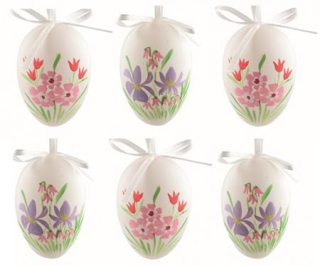 Velikonoční vejce plastová malované Květiny 6 cm na zavěšení, 6 ks v sáčku