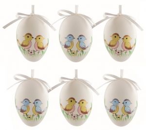 Velikonoční vejce plastová malovaní Ptáčci 6 cm na zavěšení, 6 ks v sáčku