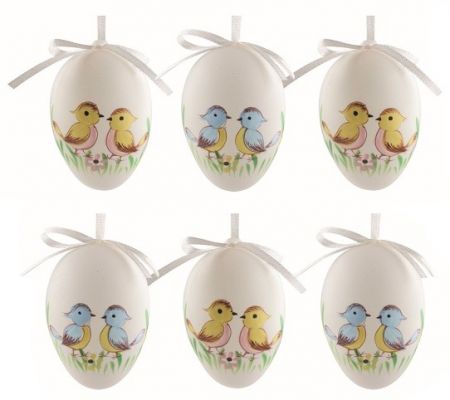 Velikonoční vejce plastová malovaní Ptáčci 6 cm na zavěšení, 6 ks v sáčku