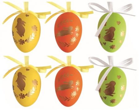 Velikonoční vejce plastová Zlatí zajíčci na barevném 6 cm na zavěšení, 6 ks v sáčku