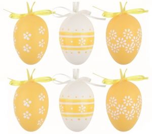 Velikonoční vejce plastová Žlutá kvítka 6 cm na zavěšení, 6 ks v sáčku