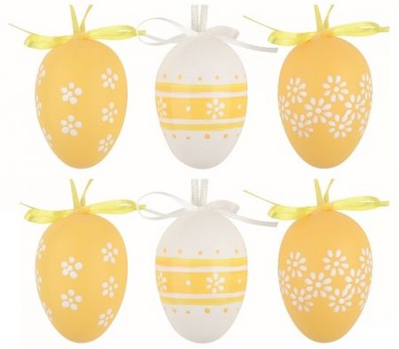 Velikonoční vejce plastová Žlutá kvítka 6 cm na zavěšení, 6 ks v sáčku