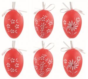 Velikonoční vejce plastová Květiny červené 6 cm na zavěšení, 6 ks v sáčku