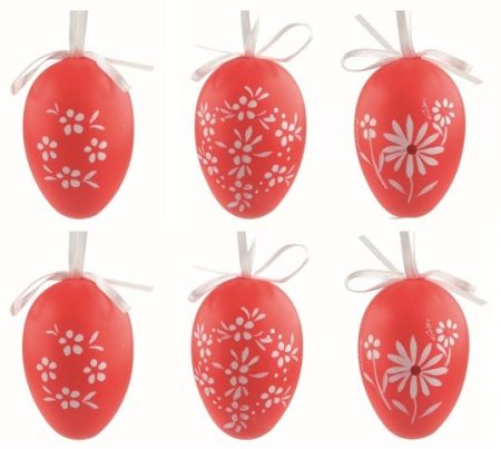 Velikonoční vejce plastová Květiny červené 6 cm na zavěšení, 6 ks v sáčku
