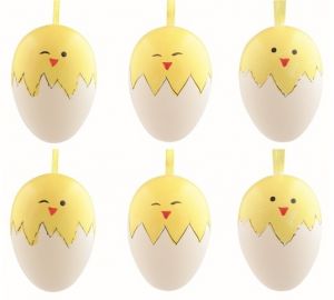 Sada velikonočních plastových vajec Kuřátka 6 cm na zavěšení, 6 ks v sáčku