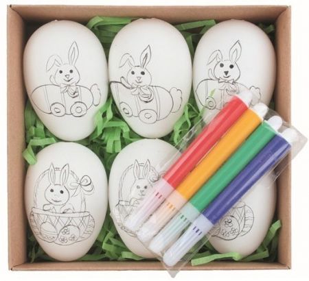 Sada velikonočních plastových vajec Zajíc K domalování 6 cm na zavěšení, 6 ks vajec + 4 ks