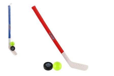 Hokejka plast 73cm s pukem a míčkem 2 barvy v síťce
