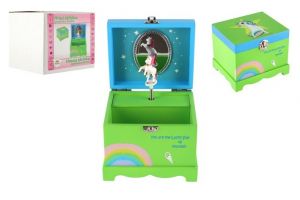 Skříňka šperkovnice jednorožec hrající na natažení dřevo odklápěcí vrch zelená 12,5x10,5cm