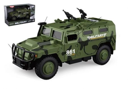 Auto vojenské plast 25,5cm na setrvačník na baterie se zvukem se světlem v krabici 30x19x1