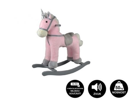 Kůň houpací růžový jednorožec plyš na bat. 71cm se zvukem a pohybem nosnost 50kg v krabici