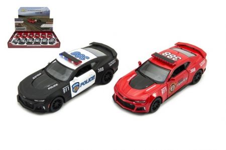 Auto Kinsmart Chevrolet Camaro policie/hasiči 12cm kov asst 2 barvy na zpětné natažení 12k