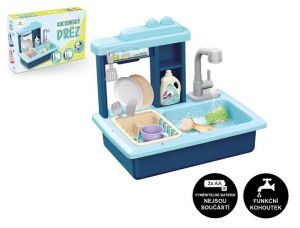 Dřez na mytí nádobí modrý + kohoutek na vodu na baterie plast s doplňky v krabici 46x28x12