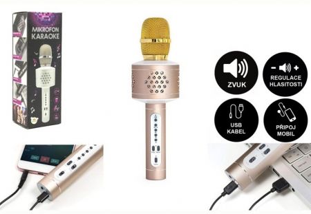 Mikrofon karaoke Bluetooth zlatý na baterie s USB kabelem v krabici 10x28x8,5cm