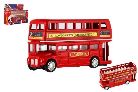 Autobus "Londýn" červený patrový kov/plast 12cm na zpětné natažení v krabičce 17x13,5x6cm