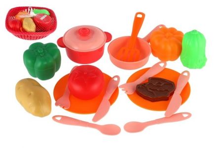 Sada nádobí v ošatce plast s doplňky v síťce 20x20x7cm